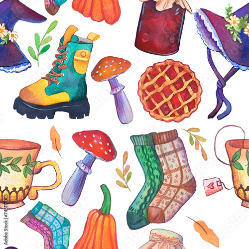 Watercolor pattern festive and hand drawn, autumn watercolor pattern