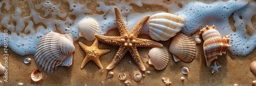 Seashells and Starfish Pattern on Sandy Beach Tile Generative AI