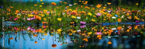 Tranquil Reflection of Wildflowers in a Still Pond Generative AI