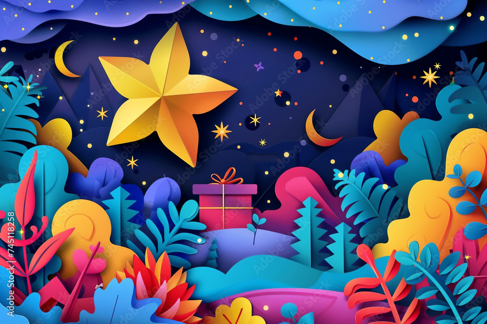 Digital artwork of a pixelated landscape with a gift box and a star in the sky. Digital artwork of a pixelated landscape with a gift box and a star in the sky.