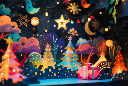 Festive Christmas scene with colorful trees, wrapped presents, and a star on top of the tree.