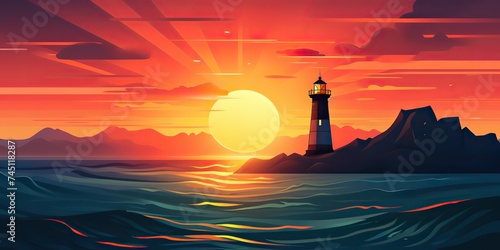 Lighthouse tower with a beam of light. Ocean sunset background scene. Nautical marine scene