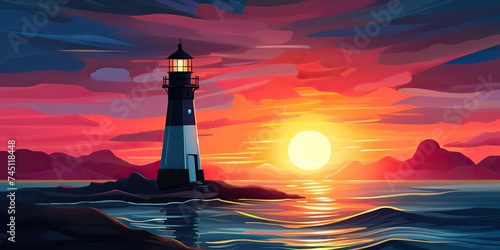 Lighthouse tower with a beam of light. Ocean sunset background scene. Nautical marine scene