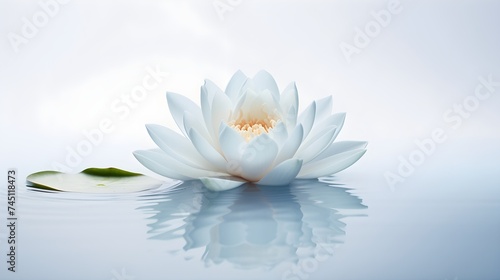 Lotus in serene bloom, its petals floating on a calm light grey pond.