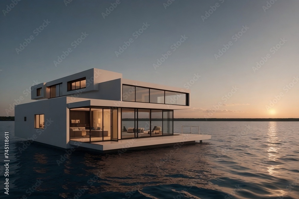 Floating house at the sunset. Beautiful floating house concept. Floating house at the sunset. Beautiful floating house concept.
