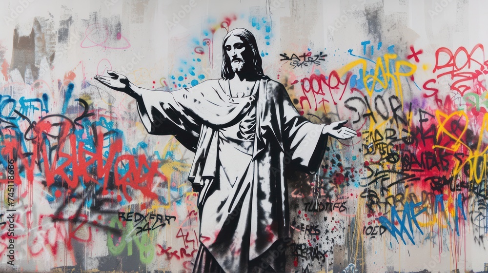 Fototapeta premium Statue of Jesus in Graffiti Background