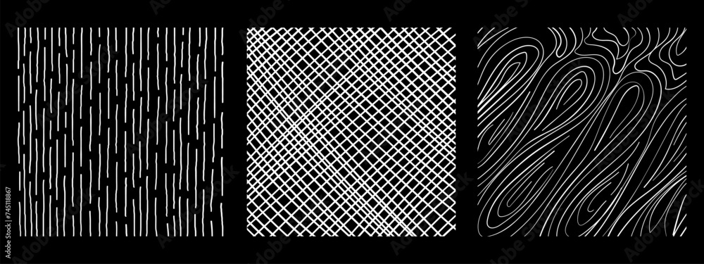 Graphic vector freehand textures set with different hand drawn squares patterns. Pencil lines on black background. - obrazy, fototapety, plakaty 