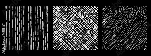 Graphic vector freehand textures set with different hand drawn squares patterns. Pencil lines on black background. photo