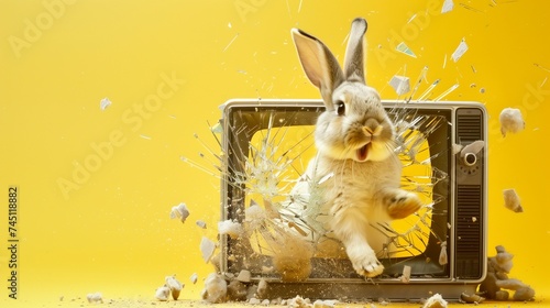 Wonder Easter bunny bursting through a glass television screen from the 1960s era with shattered glass fragments yellow background 