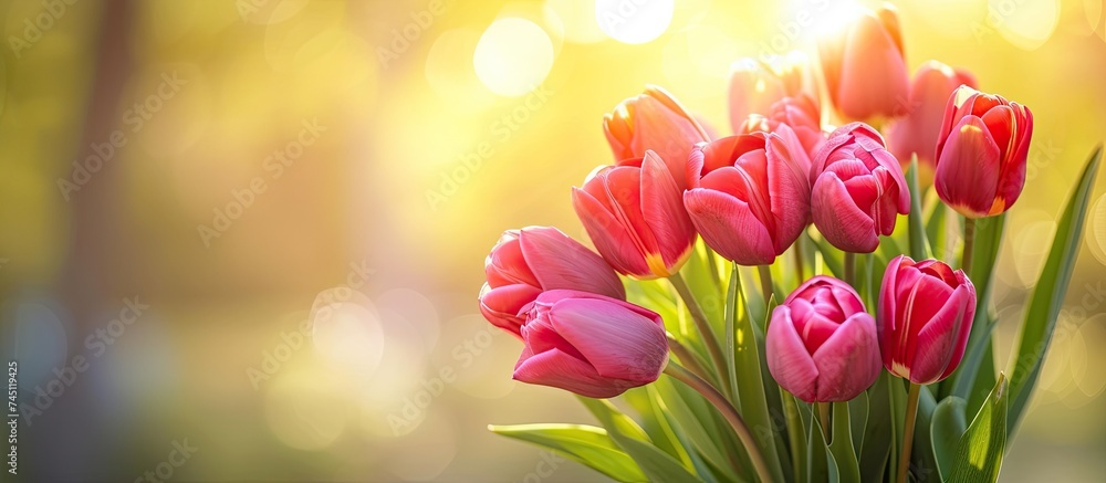 A vase filled with pink tulips sits on top of a wooden table, creating a bright and cheerful display of flowers against a simple backdrop.