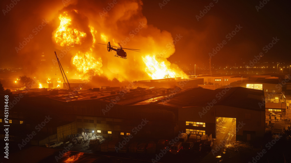 Burning warehouse. Helicopter flies over a burning warehouse. Bright flame encompassing the hangar. Thick smoke emanates from the warehouse, surrounding it in a haze. Warehouse is engulfed in flames.