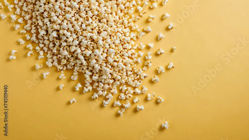Freshly made crispy popcorn lies in pile  on yellow background. Creative concept of healthy snacks. Background of fresh popcorn. Close-up. Copy space.