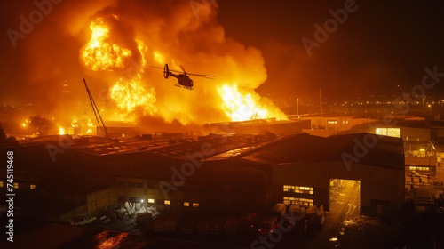 Burning warehouse. Helicopter flies over a burning warehouse. Bright flame encompassing the hangar. Thick smoke emanates from the warehouse, surrounding it in a haze. Warehouse is engulfed in flames.