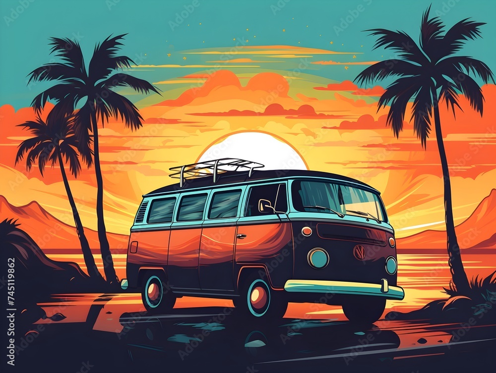 Retro surf van parked under palm trees with a beach sunset backdrop.