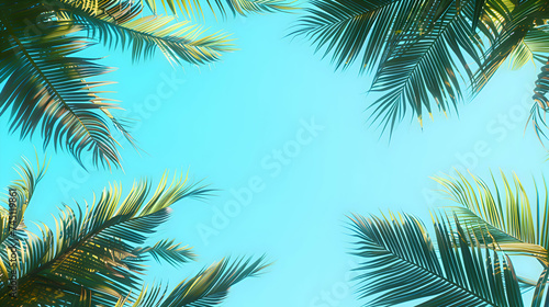 Palm trees framing the corners of the image, their leaves gently rustling against a pastel blue sky, reminiscent of a tranquil tropical getaway