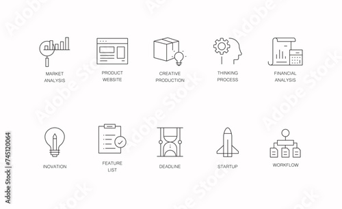 Business Vector Icon Set: Market Analysis, Product Website, Creative Production, Thinking Process, Financial Analysis, Innovation, Feature List, Deadline, Startup, Workflow icons.