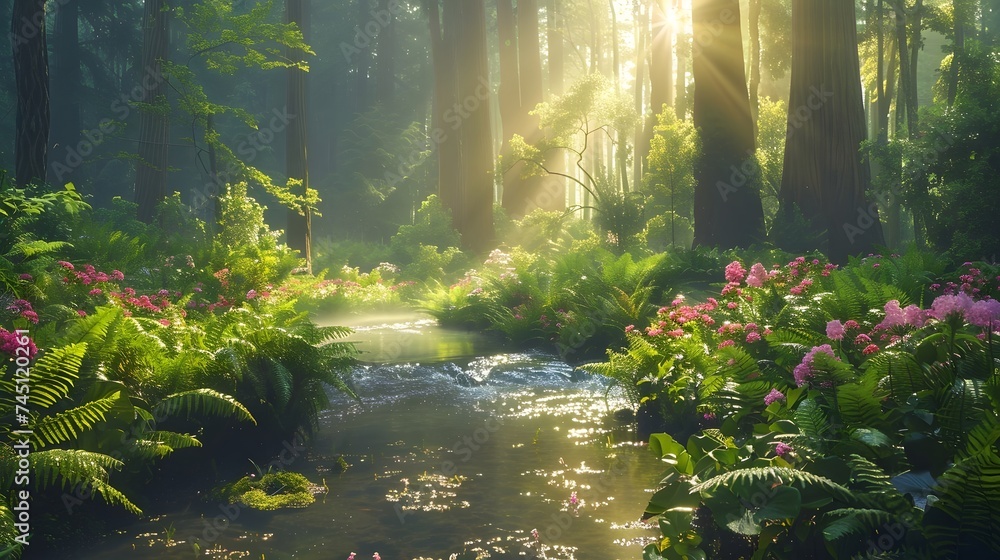 Beautiful spring landscape of a small river running through forest with ...