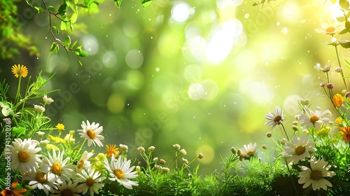 Beautiful, Natural, Vibrant Spring Background of Flowers growing in a serene forest with Light shining through the trees 