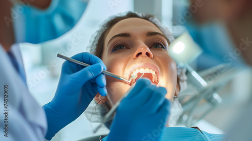 Un dentiste avec des outils en train d analyser les dents d une patiente.