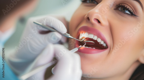 Gros plan sur les dents d'une patiente en train d'être analysées chez le dentiste.