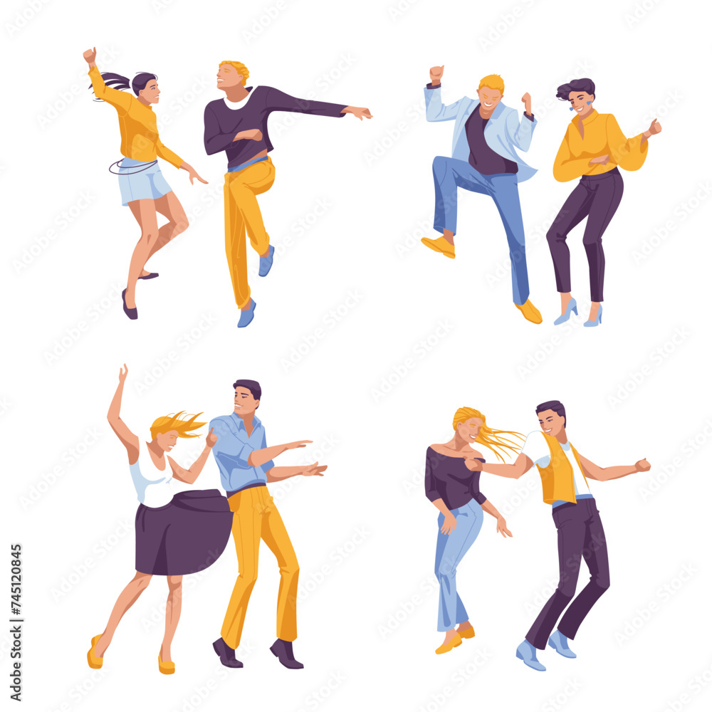Set of dancing human couples isolated on white background. Flat vector illustration