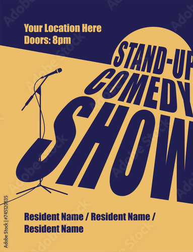 Standup comedy show poster. Light stage with microphone. Leaflet advertising. Big name. Vector flat illustration