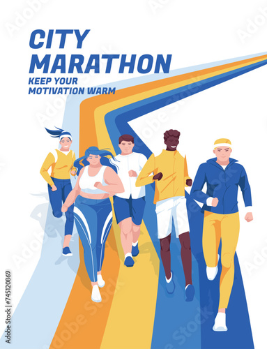 Jogging people. Urban marathon advertising design concept. Active lifestyle and sports. Vector flat illustration