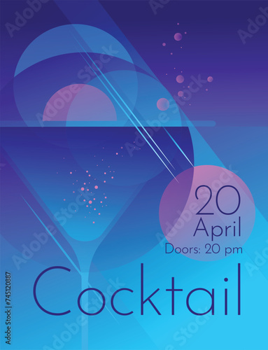 Cocktail party night poster. Advertisement of club life. Neon gradient. Vector illustration
