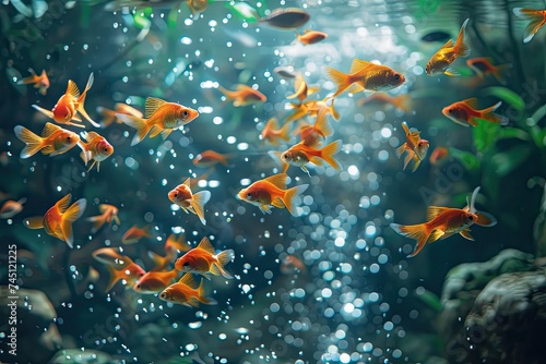 Underwater Serenity  Goldfish Gliding through Bubbles
