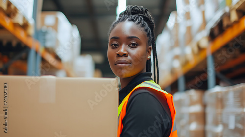 Gros plan sur une femme dans un entrepôt logistique. 