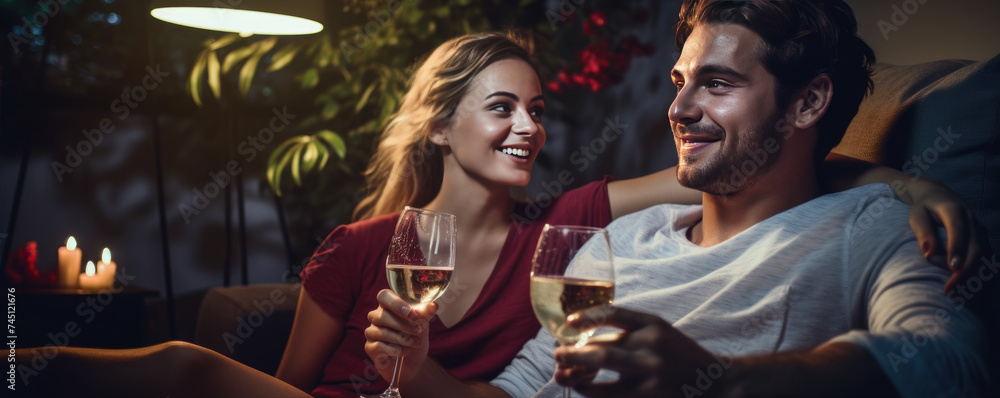 Happy young couple sitting on a sofa and drinking wine, enjoying their time together. A couple in love Happy young couple sitting on a sofa and drinking wine, enjoying their time together. A couple in love