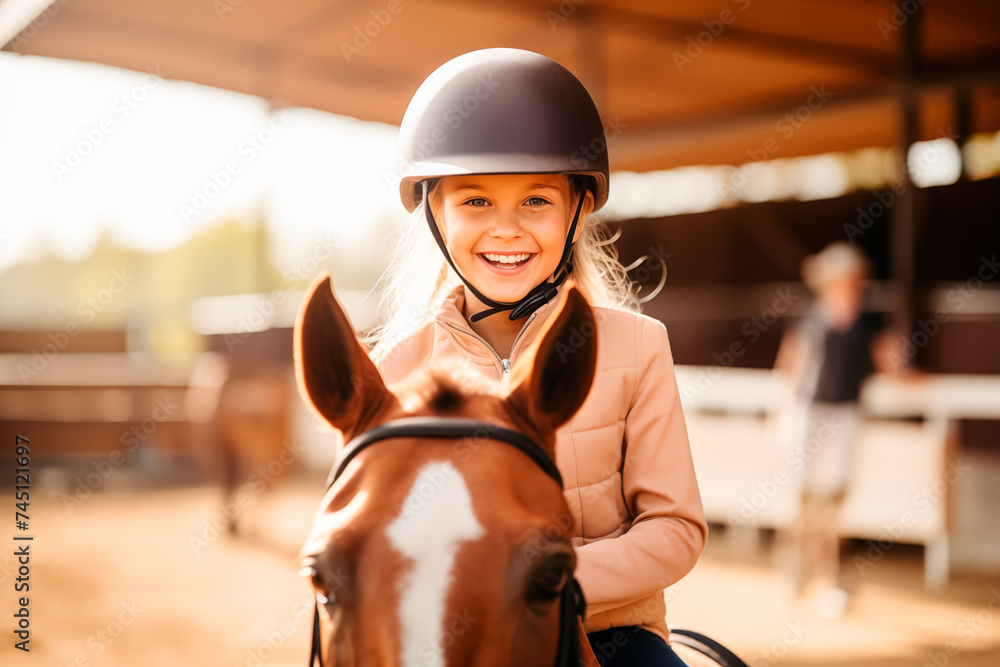 Happy blonde girl with helmet riding brown horse Happy blonde girl with helmet riding brown horse