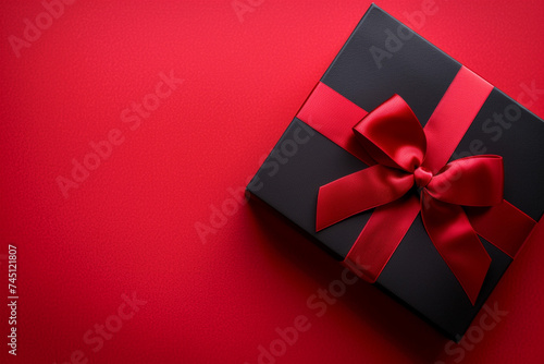 Black gift with red ribbon top view