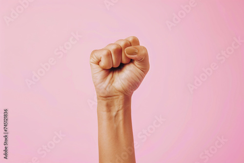 Girl power and woman empowerment concept. Woman raised fist isolated on pink background