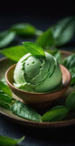 Delicious green tea ice cream. Green tea leaves. Matcha ice cream. Food concept for banner, flyer, poster, postcard, with copy space.
