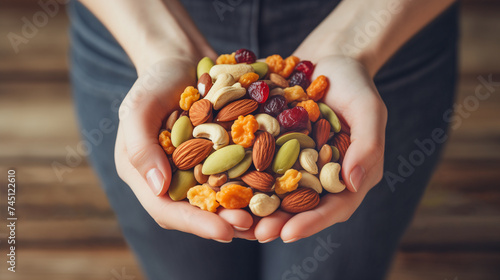 Healthy food: Handful of Mixed Nuts and Dried Fruits in Hands