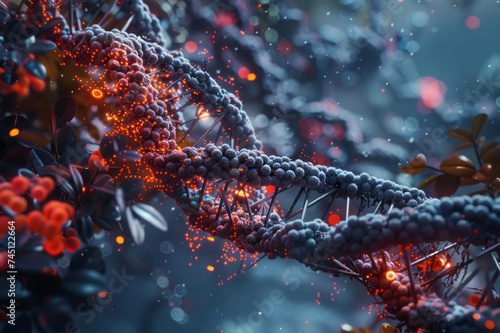 The structural details of a gene-editing process using CRISPR technology. The molecular precision of CRISPR-Cas9 in action, with detailed renderings of the gene-editing machinery at work