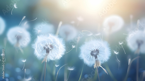 Soft-focus dandelion parachutes sway gently amidst an abstract bokeh pattern, their delicate forms casting subtle shadows on a blurred canvas of nature's hues