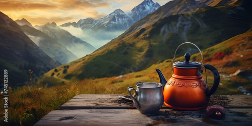 Breakfast at mountain peak at sunrise perfect view from hotel or restaurant , a tea kettle on top of a rock with mountains in the background and a river running through the valley below photo