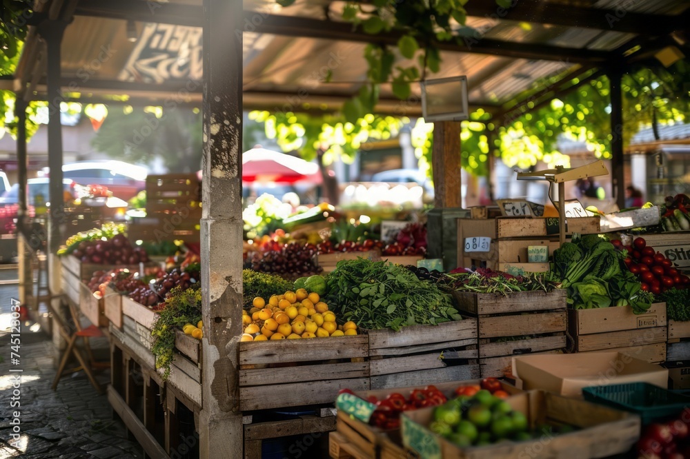 A vibrant farmers market scene showcasing an abundance of fresh, colorful organic fruits and vegetables neatly arranged on wooden stalls - obrazy, fototapety, plakaty 