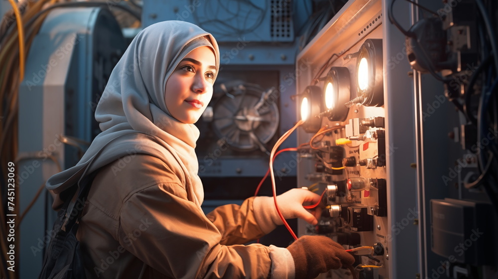Female muslim electrician in hijab at work, portrait, professional, work, feminism concept