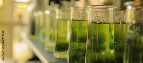 A row of cylindrical clear glass test tubes filled with vibrant green liquid, standing upright on a laboratory bench. The green liquid appears to be part of a biofuel research experiment focused on