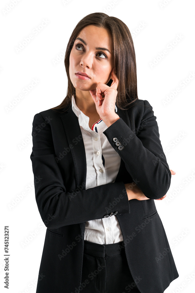 Businesswoman in deep thought, standing with finger on cheek, white isolated background Businesswoman in deep thought, standing with finger on cheek, white isolated background