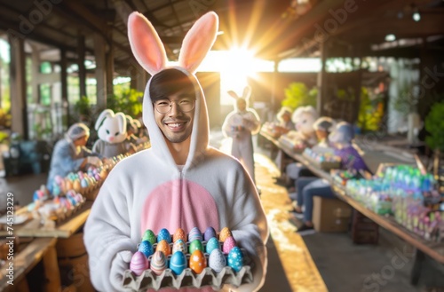 easter egg factory with bunny people workers