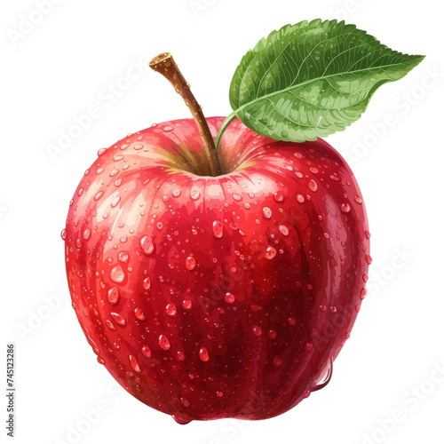 Red apple with a leaf and water droplets suitable for food blogs, recipes, healthy eating articles, grocery stores, and nutrition websites.