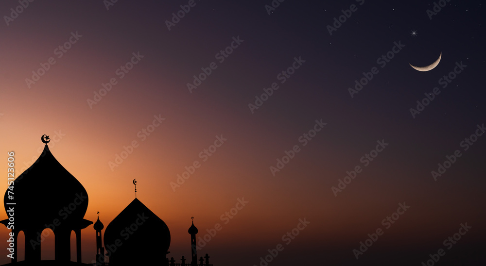 Silhouette dome Mosques on dusk sky twilight with Crescent moon, Religion of Islamic well space for text Ramadan Kareem, Eid Mubarak, Eid Al Adha, Eid Al Fitr