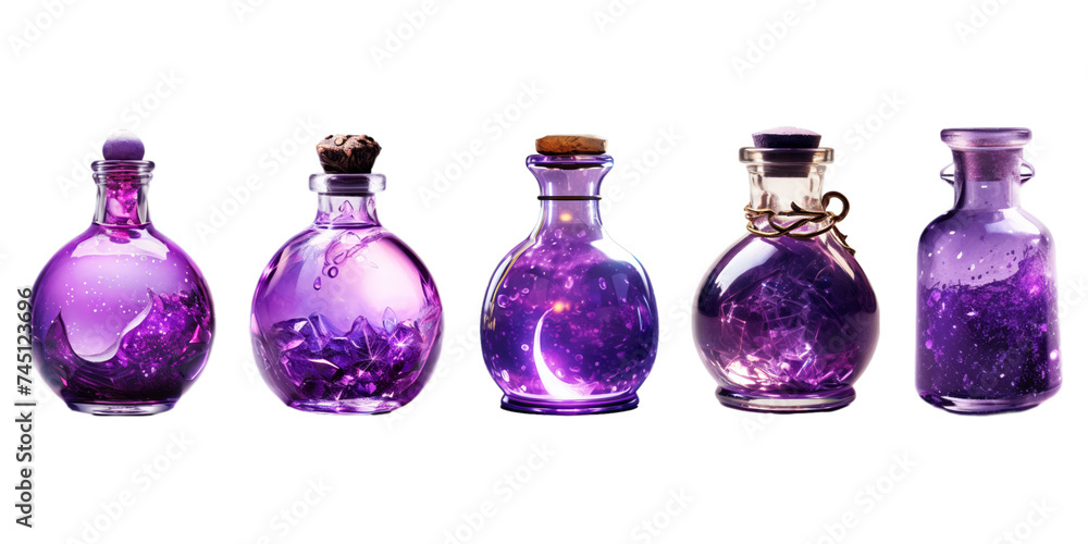 Collection of purple potion bottle isolated on a white background as transparent PNG Collection of purple potion bottle isolated on a white background as transparent PNG