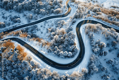 Drone shoot above colorful green texture in nature. Winter in forest aerial top view. Winding road and nature in trees. Soft light in countryside woodland or park.