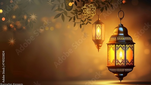 Ramadan Kareem . Beautiful traditional calligraphy greeting card wishes for holy month Mubarak and Karim for Muslim. photo
