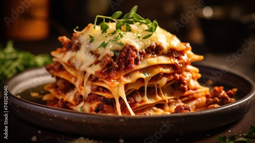 close up of a plate of lasagna on a rustic background
